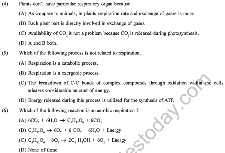 NEET Biology Respiration MCQs Set A, Multiple Choice Questions